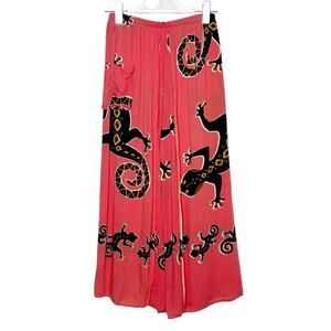Hawaiian Wide Leg Lizard Print Pants High Rise Elastic Waist Pink Black Womens S